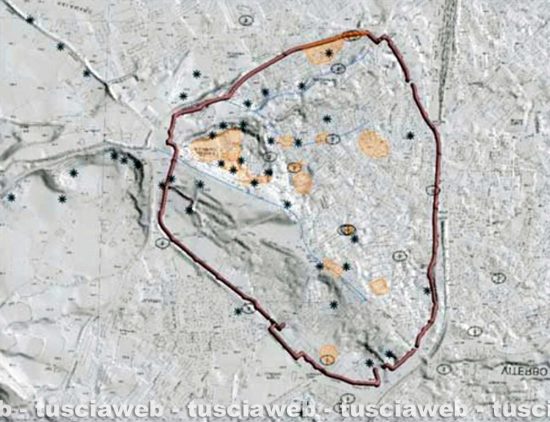 Carta degli sprofondamenti che si sono verificati negli ultimi anni nell'area urbana di Viterbo in relazione alle cavità presenti nel suo sottosuolo - Fonte Madonna, Nisio e Vessella 2021
