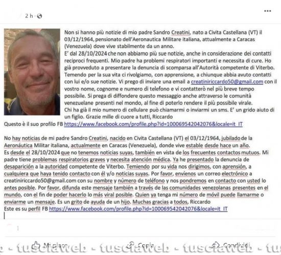 L'appello sui social per la scomparsa di Sandro Creatini