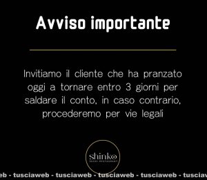 Il post sui social di Shinko sushi