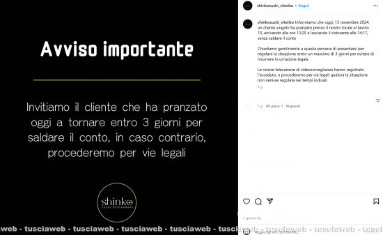 Il post sui social di Shinko sushi 