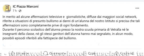 Il post su Facebook Istituto comprensivo statale Piazza Marconi di Vetralla