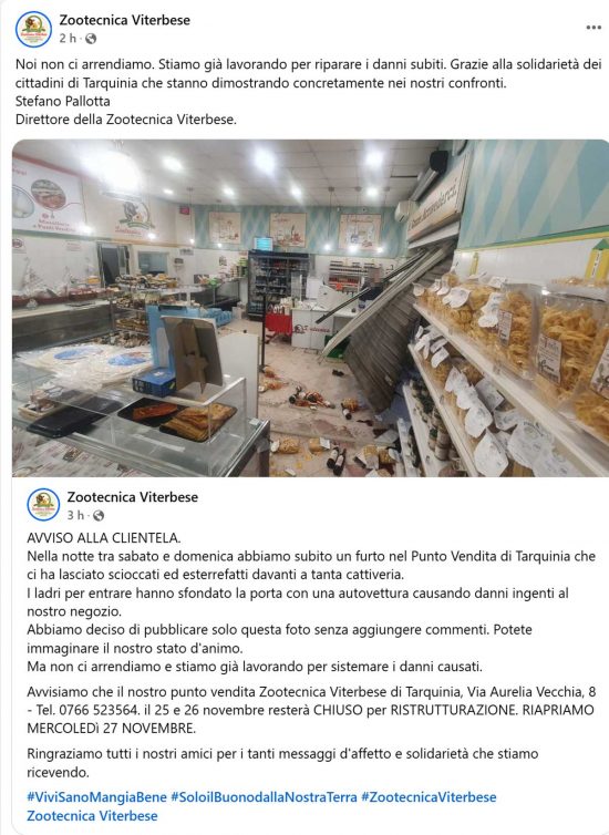 Il post Facebook della Zootecnica Viterbese sul furto al punto vendita di Tarquinia 