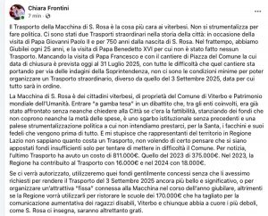 Il post Facebook della sindaca Chiara Frontini sul trasporto straordinario