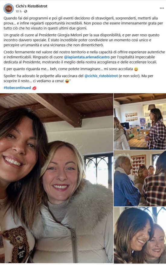 Tuscania - Il post del Cichi's RistoBistrot con la premier Giorgia Meloni