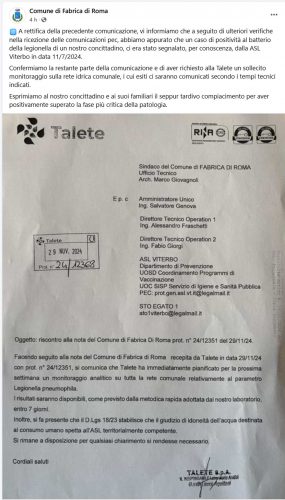 Il post del comune di Fabrica di Roma che conferma la presenza di un caso di legionella 