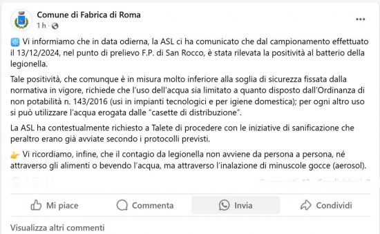 Il post del comune di Fabrica di Roma sula positività alla legionella nel campionamento del 13 dicembre 2024