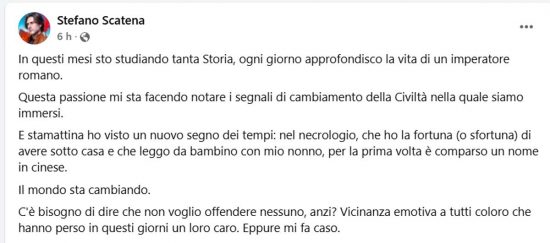 Il post di Stefano Scatena sul necrologio scritto in cinese