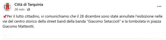 Tarquinia - Post dell'amministrazione comunale che annulla la tombola in piazza e l'esibizione della banda nel centro storico per la morte di Pietro Mencarini 