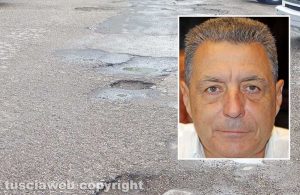 Viterbo - Strada dissestata in largo Monti Cimini - Nel riquadro Giulio Marini