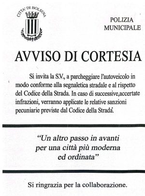 Bolsena - L'avviso di cortesia al posto della multa trovato dal vicepresidente del consiglio del municipio XI Marco Palma 