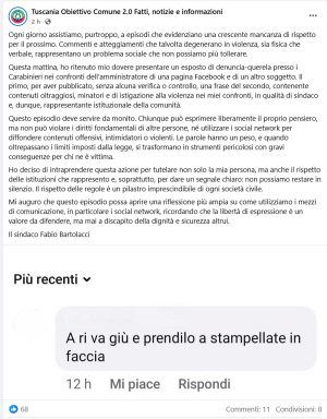 Il post che riporta il comunicato del sindaco Fabio Bartolacci che ha sporto denuncia- querela dopo un commento social offensivo e violento