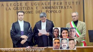 Omicidio Bramucci, tutti condannati ma nessun ergastolo - La lettura della sentenza - Nel riquadro partire da sinistra dall’alto: Elisabetta Bacchio, Sabrina Bacchio, Alessio Pizzuti, Dan Constantin Pomirleanu, Lucio La Pietra e Antonio Bacci