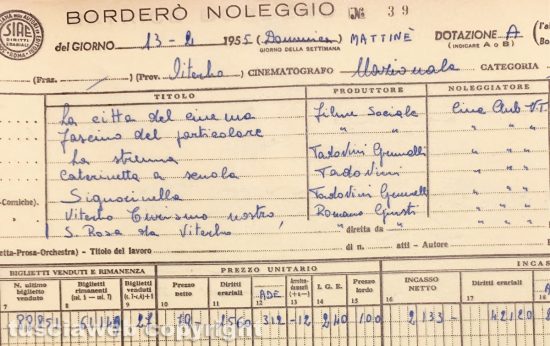 Il borderò del Cinema Nazionale del 13 febbraio 1955