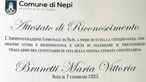 Nepi - Attestato di riconoscimento Maria Vittoria Brunetti