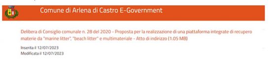 La delibera 28-2020 resa disponibile sul sito trasparenza (E-government) del comune dal 12/07/2023