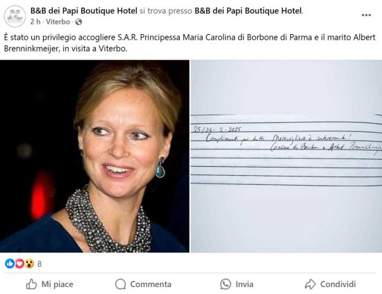 Il post b&b dei Papi Boutique Hotel sulla visita della principessa Maria Carolina di Borbone-Parma
