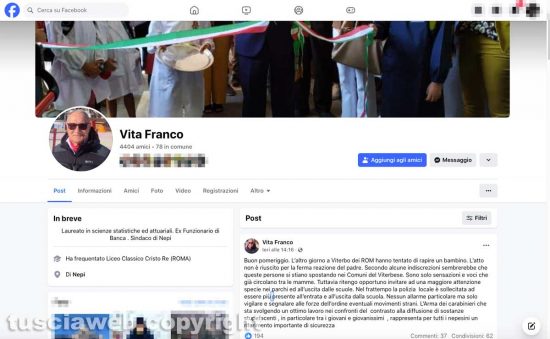 Il post del sindaco di Nepi Franco Vita