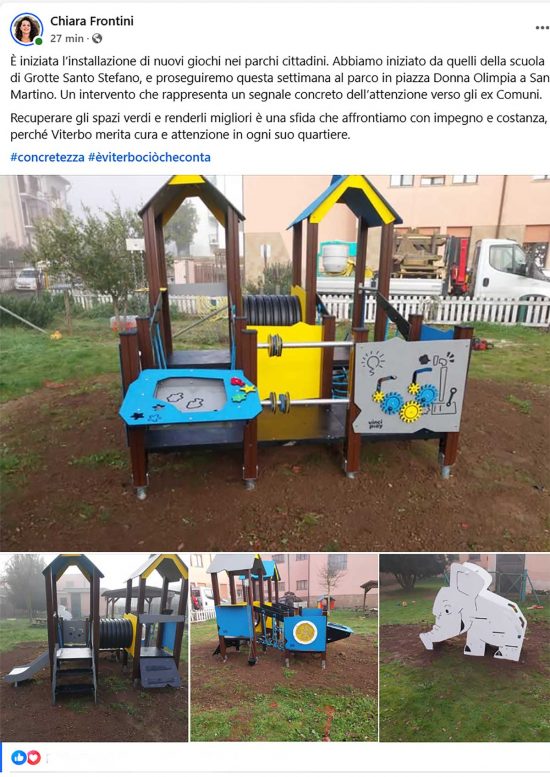 Il post della sindaca Chiara Frontini sull'installazione dei giochi per bambini a Grotte Santo Stefano e San Martino 