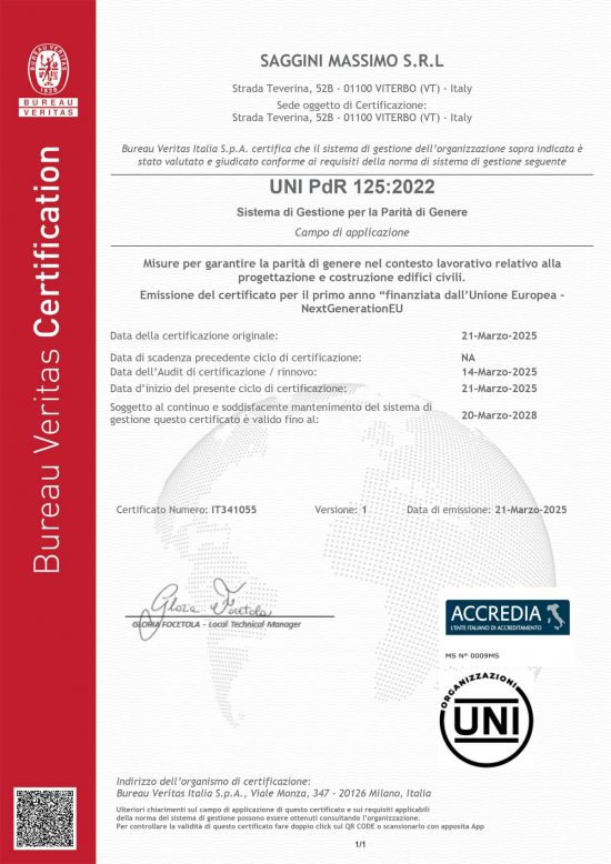 Saggini costruzioni - Il certificato parità di genere