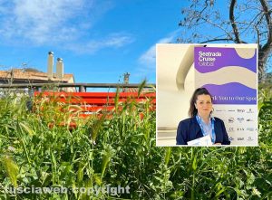 Viterbo - Tobia - Il parco giochi sommerso dalle erbacce e nel riquadro Chiara Frontini al Seatrade Cruise Global di Miami