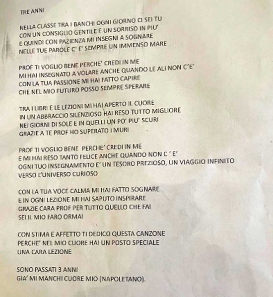 La canzone dell'alunno Andrea per la professoressa Lissoni