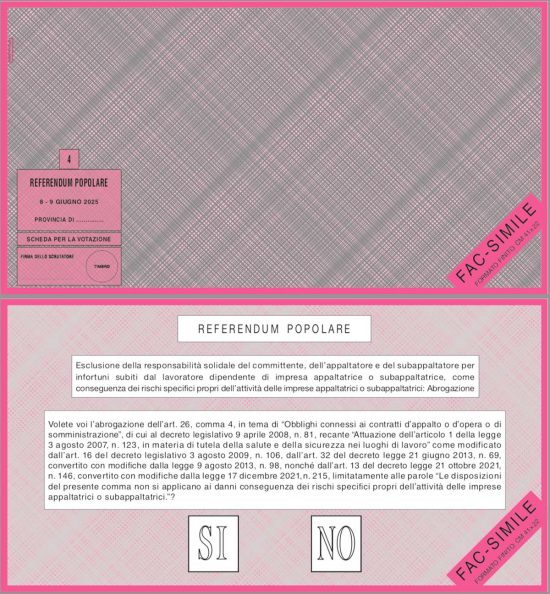 Referendum - Fac-simile scheda rosso rubino - Quesito n. 4 - Esclusione della responsabilità solidale del committente, dell'appaltatore e del subappaltato