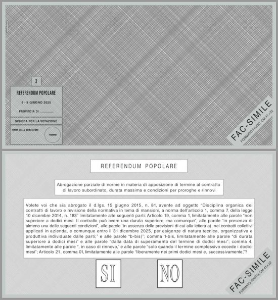 Referendum - Facsimile scheda grigia - Quesito n. 3-Abrogazione parziale di norme in materia di apposizione di termine al contratto di lavoro subordinato