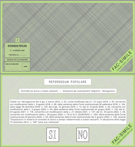 Referendum - Fac-simile scheda verde -Quesito n.1 -Contratto di lavoro a tutele crescenti . Disciplina dei licenziamenti illegittimi: Abrogazione
