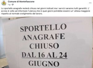 Montefiascone - Chiusura sportello anagrafe - Il post sulla pagina Facebook del comune