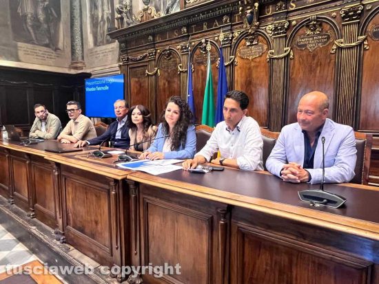 Presentazione logo Viterbo termale - Da sinistra: Daniele Muzzi, Simone Iocco, Fernando Barberini, Tiziana Governatori, Chiara Frontini, Fabio Belli e Marco Nunzi 