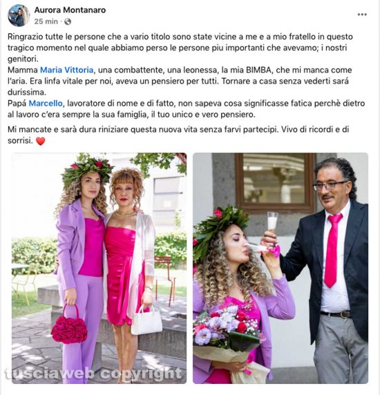 Il post di Aurora Montanaro per i genitori Marcello e Maria Vittoria
