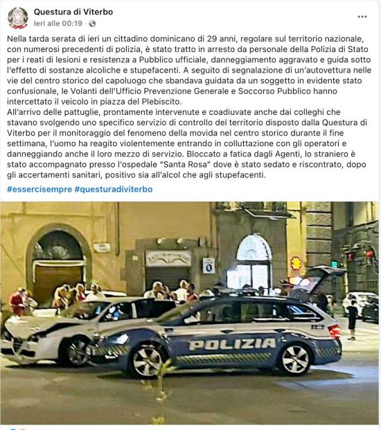 Viterbo - Auto impazzita semina il terrore nel centro storico e viene bloccata a piazza del Comune - Il post della questura