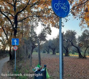 Viterbo- Cestino colmo di rifiuti lungo la pista ciclabile