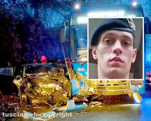 Scontro frontale tra un pullman e un’auto sulla Cassia - Nel riquadro Marco Settimi