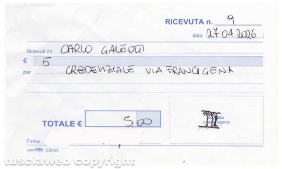 Viterbo - L'ufficio turistico comunale - La ricevuta per le credenziali vendute a 5 euro