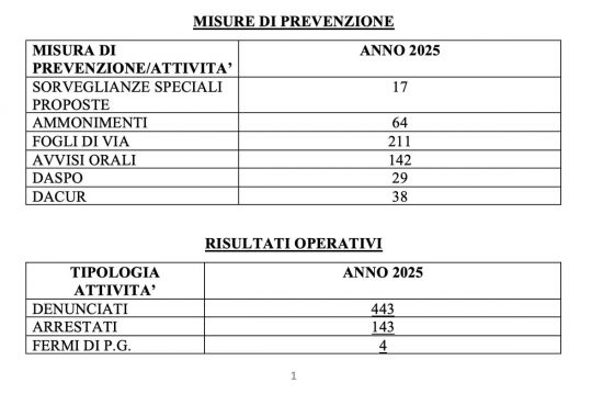 Polizia - I dati riepilogativi 2025 degli interventi della squadra mobile