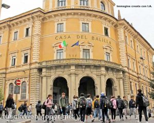 Simulazione - Come sarà il liceo classico Mariano Buratti con l'insegna "Casa del Balilla" (Immagine creata con IA)