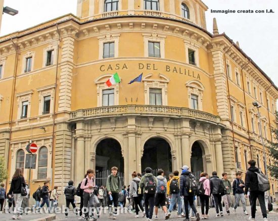 Simulazione - Come sarà il liceo classico Mariano Buratti con l'insegna "Casa del Balilla" (Immagine creata con IA)