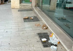 Viterbo - Siringhe abbandonate sul marciapiede, bottiglie vuote, bicchieri, confezioni di cibo e resti di bivacchi in via della Palazzina
