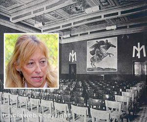Liceo classico Mariano Buratti – Una sala interna il giorno dell’inaugurazione, il 5 maggio del 1937, alla presenza di Renato Ricci fondatore dell’Opera nazionale Balilla - Nel riquadro Margherita Eichberg