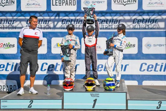 Il podio dei campioni italiani mini gr3 u10 - Zayne Burgess,  Isaac El Haouti, Sasha Miras Y Munoz