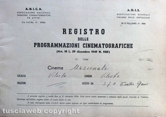 Registro programmazioni Cinema Nazionale anno 1956